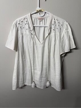 Women’s Knox Rose XL White Embroidered Tassel Boho Peasant Top